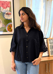 Black Cotton Seersucker Boxy Cotton Shirt